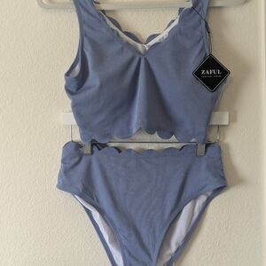 Zaful Ribbed Scalloped Bikini Set Blue High Waist Swimsuit Medium NWT